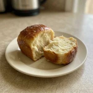 Overhead shot of a round loaf glazed with condensed milk, sliced into wedges, with a pat of butter on top.