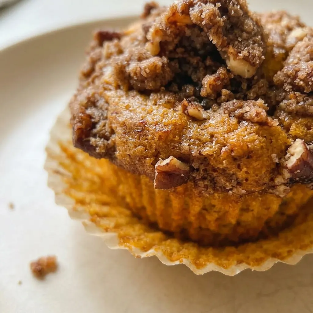 Close view of a muffin's golden-brown dome, visible sweet potato flecks, and a pecan piece on top.