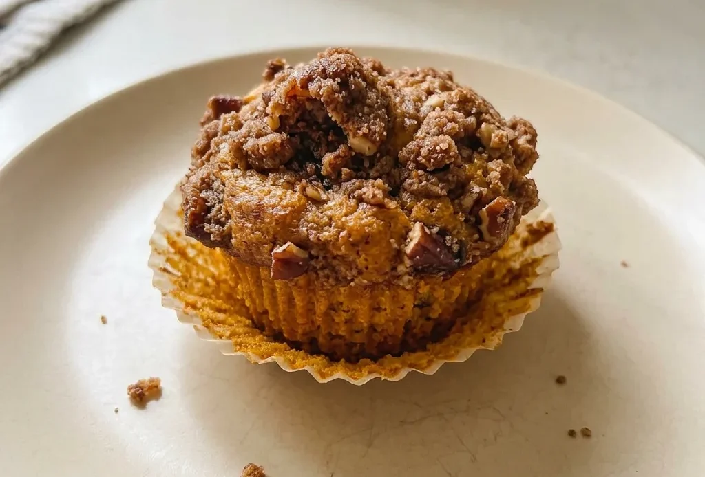 Overhead shot of a round muffin with a cracked top, speckled with cinnamon and nutmeg, topped with pecan halves.