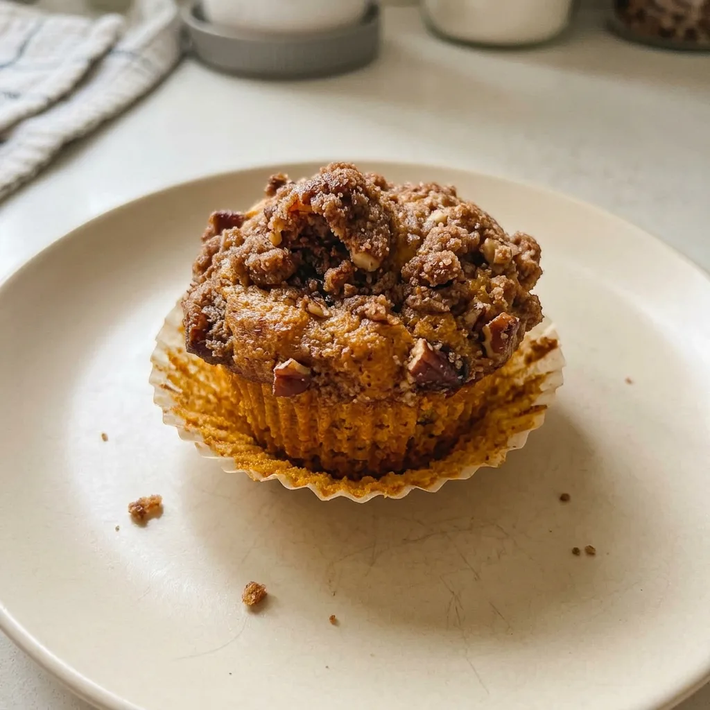 Overhead shot of a round muffin with a cracked top, speckled with cinnamon and nutmeg, topped with pecan halves.