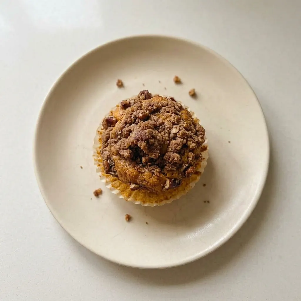 Plated muffin with a crumbly top, cinnamon and nutmeg specks, and a pecan garnish.