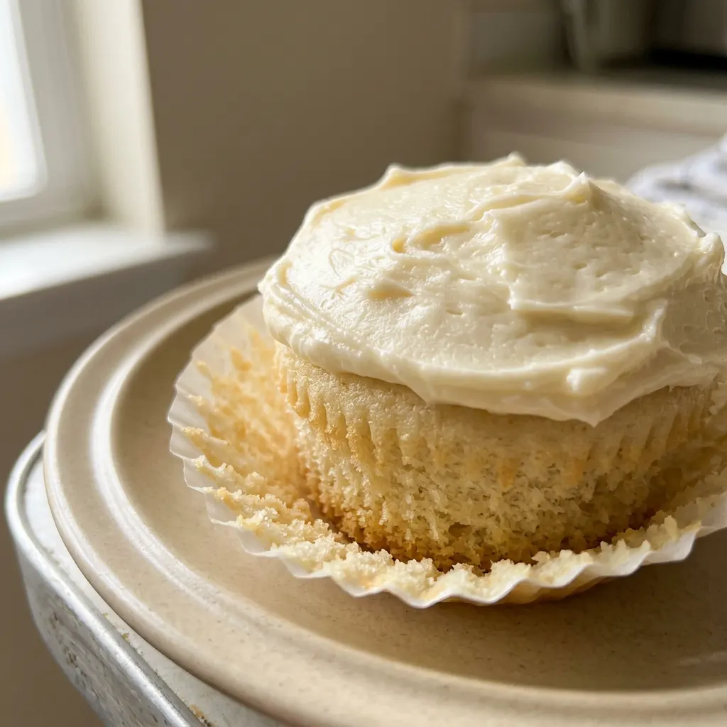 Zoomed in on a vanilla cupcake topped with smooth white buttercream and colorful sprinkles.
