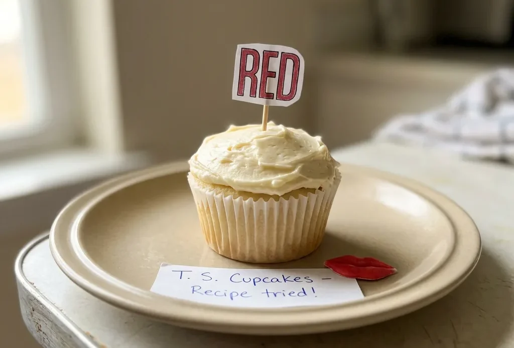 Bird's-eye view of a vanilla cupcake with white buttercream frosting and rainbow sprinkles.