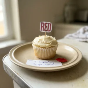 Bird's-eye view of a vanilla cupcake with white buttercream frosting and rainbow sprinkles.