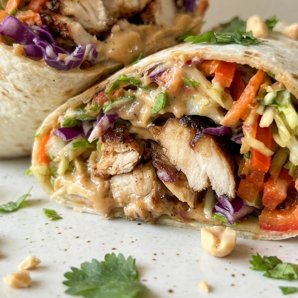 Close view of a Thai chicken wrap showing grilled chicken strips, crunchy slaw, and a drizzle of peanut sauce.