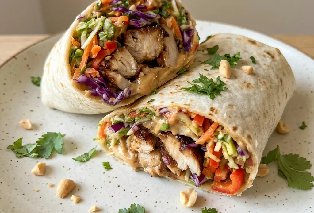 Overhead shot of a Thai chicken wrap sliced in half, with shredded cabbage, carrots, and peanut sauce visible inside.