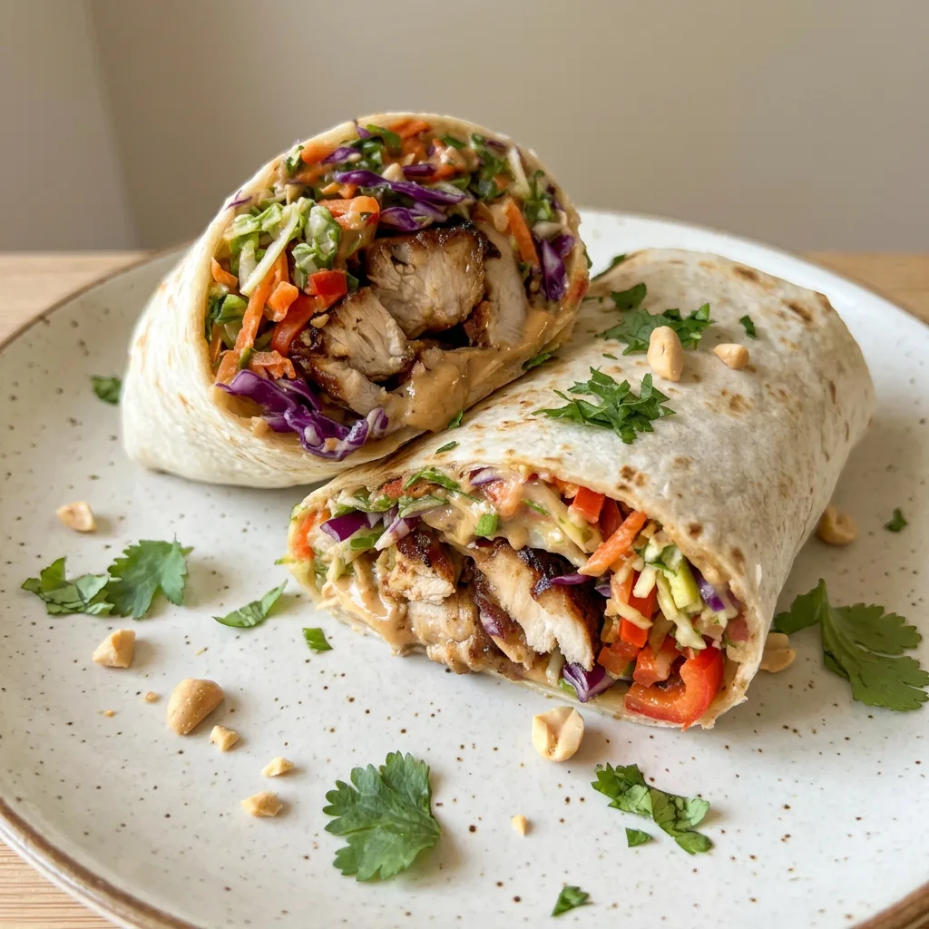 Overhead shot of a Thai chicken wrap sliced in half, with shredded cabbage, carrots, and peanut sauce visible inside.
