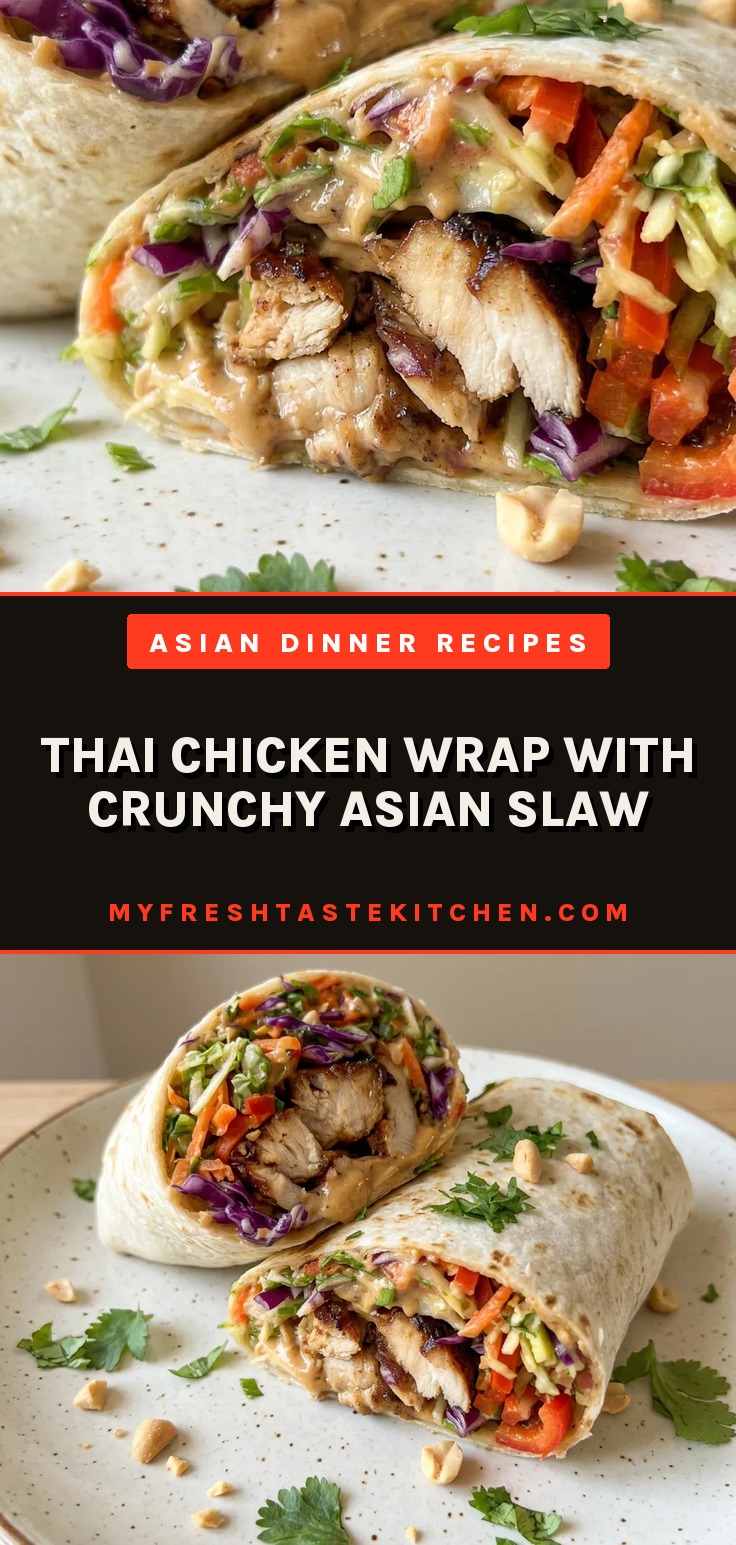 Overhead shot of a Thai chicken wrap sliced in half, with shredded cabbage, carrots, and peanut sauce visible inside.