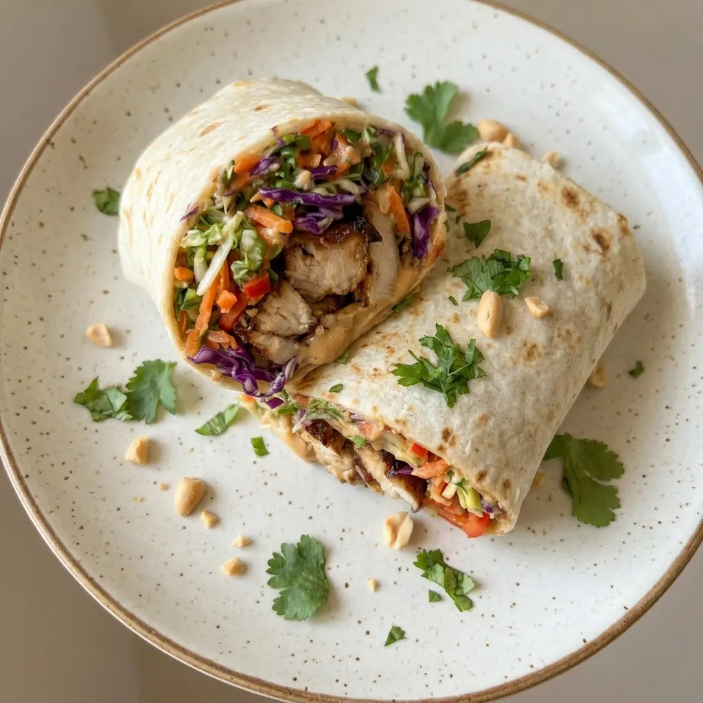 Plated Thai chicken wrap with a side of lime wedges and extra peanut sauce on the plate.