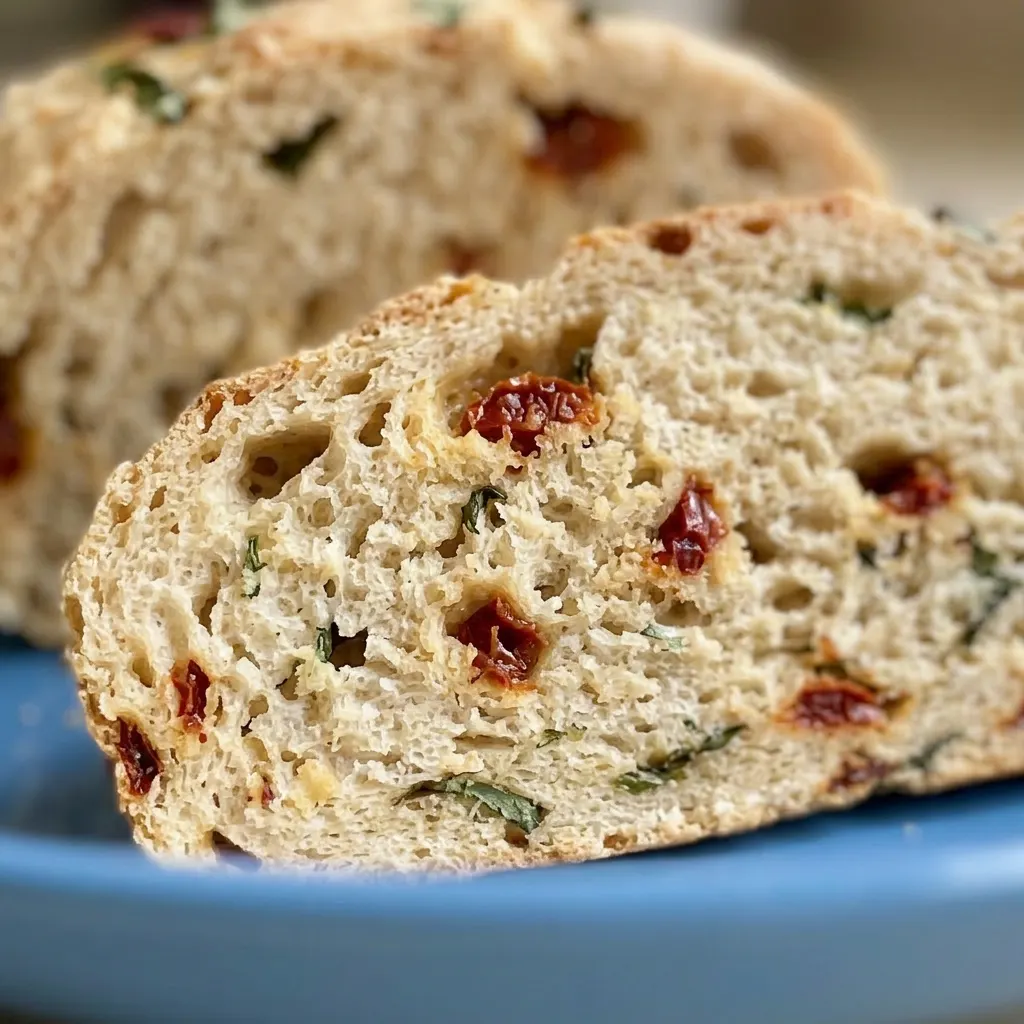 Close view of a bread slice showing sun-dried tomatoes, basil, and melted Parmesan on a golden crust.