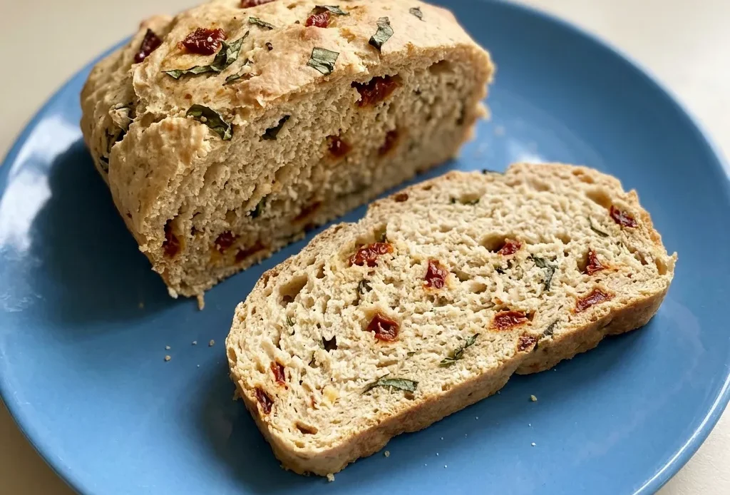Overhead shot of a round loaf topped with sun-dried tomatoes, fresh basil leaves, and grated Parmesan cheese.