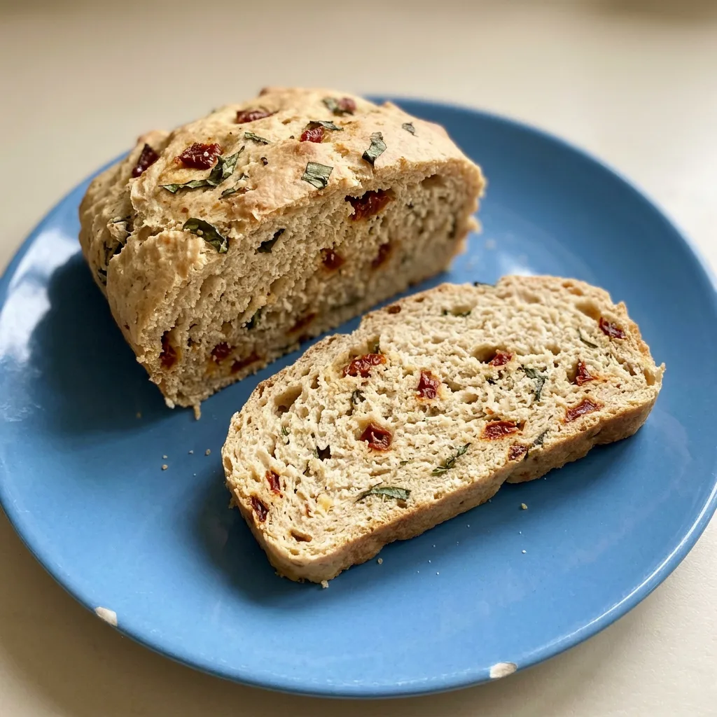 Overhead shot of a round loaf topped with sun-dried tomatoes, fresh basil leaves, and grated Parmesan cheese.