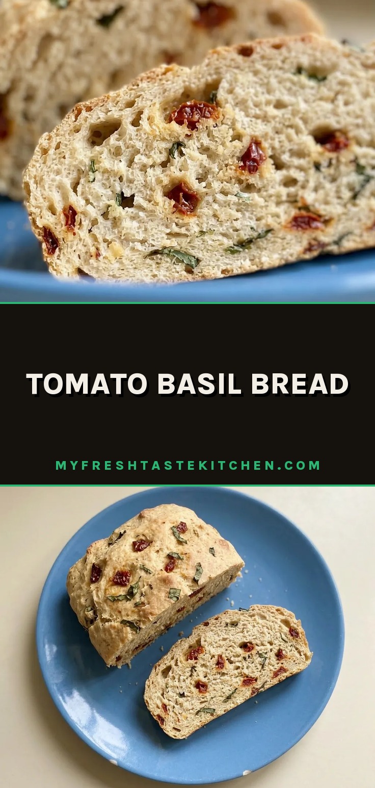 Overhead shot of a round loaf topped with sun-dried tomatoes, fresh basil leaves, and grated Parmesan cheese.