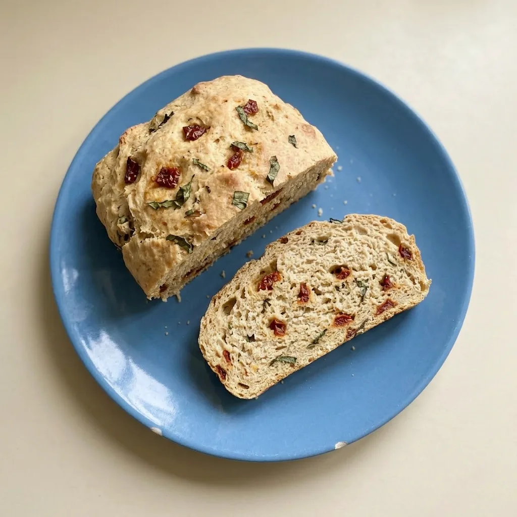Plated bread wedge with visible sun-dried tomatoes, basil strips, and Parmesan flecks, shot from a low angle.