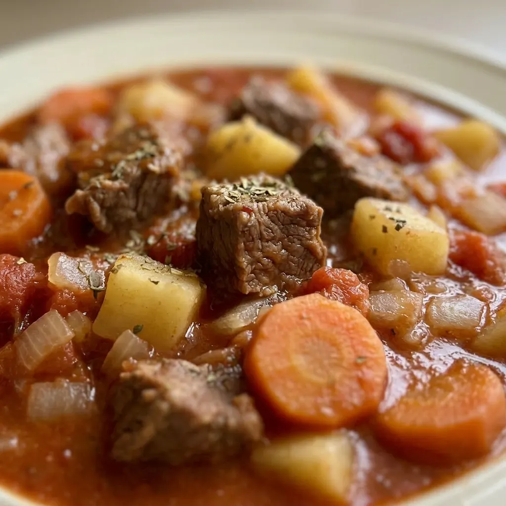 Up close, a spoonful of beef stew shows tender meat, potato, and carrot pieces coated in rich tomato sauce.