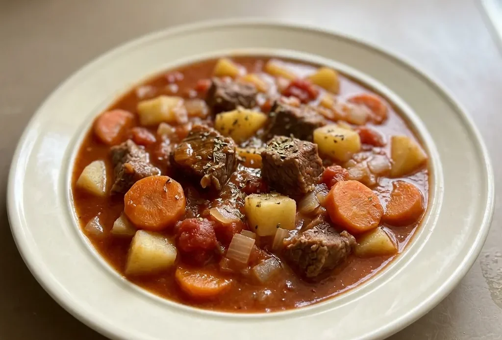 Looking down at a bowl of tomato beef stew with chunks of beef, potatoes, carrots, and onion in a thick red broth.