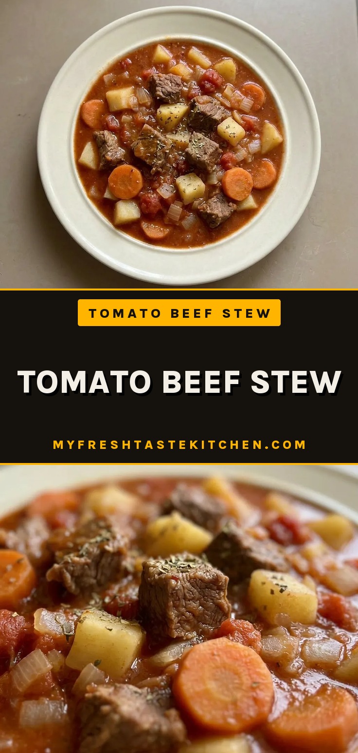 Tomato beef stew with beef stew meat, potatoes, carrots, and diced tomatoes in a rich broth.