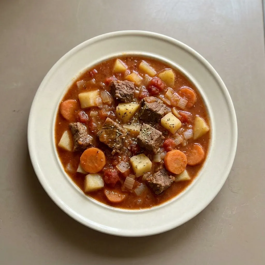 A plate of tomato beef stew with diced tomatoes, beef chunks, potatoes, and carrots visible in the broth.