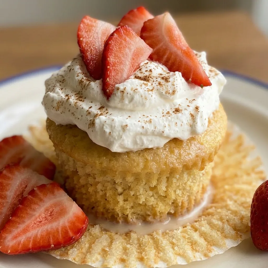 Close view of a moist cupcake with whipped cream and a strawberry slice, drizzled with evaporated and condensed milk.