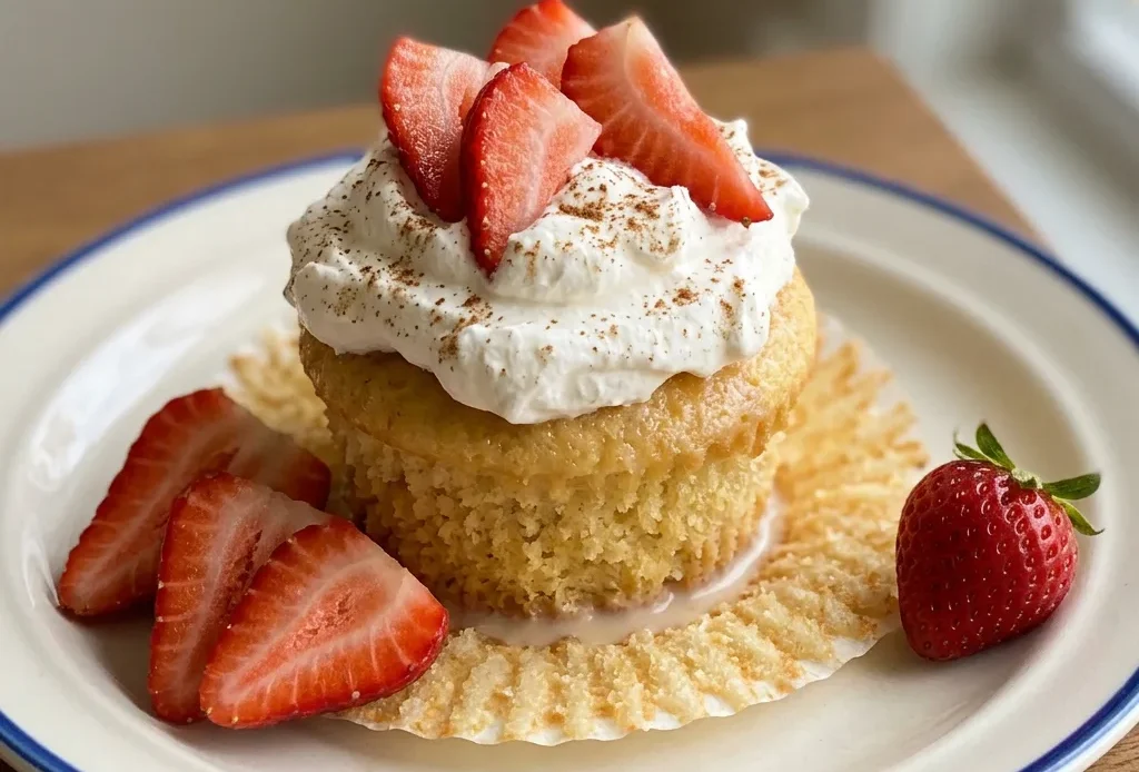 Overhead shot of a white cupcake topped with whipped cream and sliced strawberries, surrounded by a pool of three milks.
