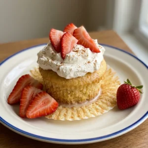 Overhead shot of a white cupcake topped with whipped cream and sliced strawberries, surrounded by a pool of three milks.