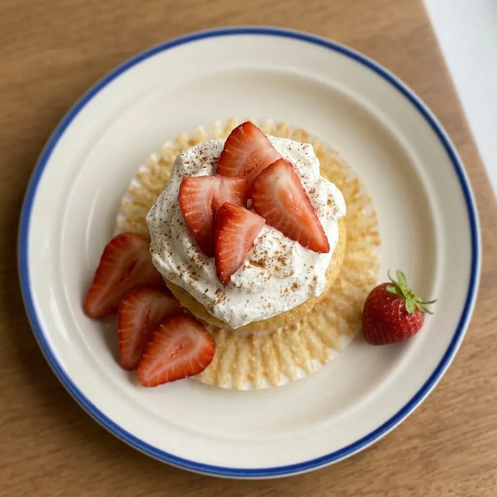 Plated cupcake with whipped cream, sliced strawberries, and a drizzle of three milks on a white surface.