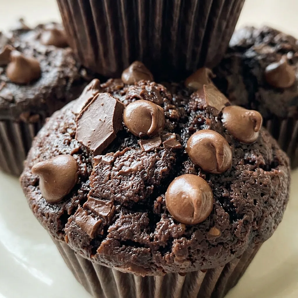 Zoomed in on a chocolate muffin with a cracked top revealing moist crumb and visible chocolate chips.