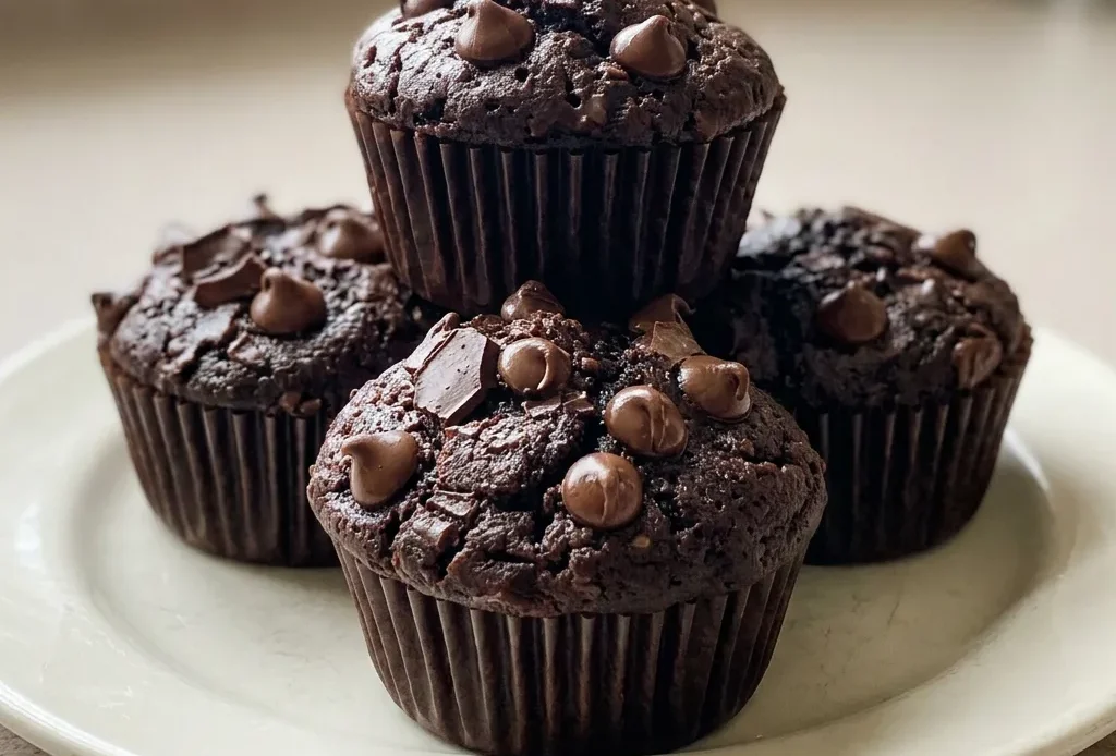 Bird's-eye view of three chocolate muffins topped with chocolate chips on a dark surface.