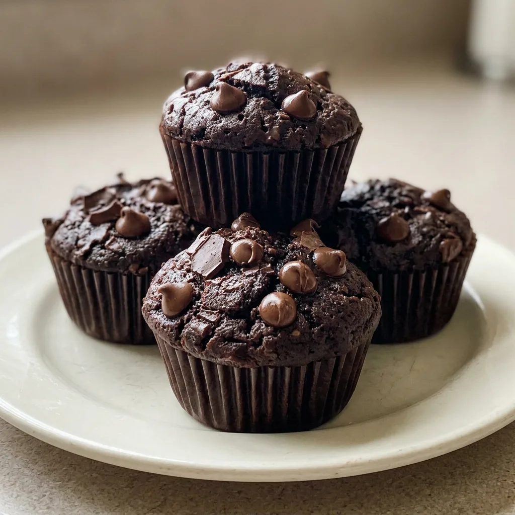 Bird's-eye view of three chocolate muffins topped with chocolate chips on a dark surface.
