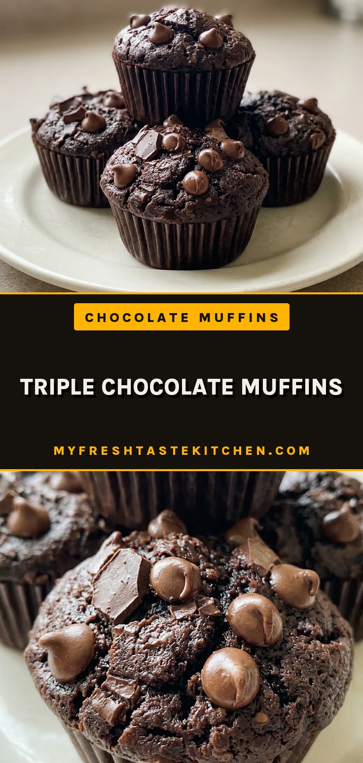 Bird's-eye view of three chocolate muffins topped with chocolate chips on a dark surface.