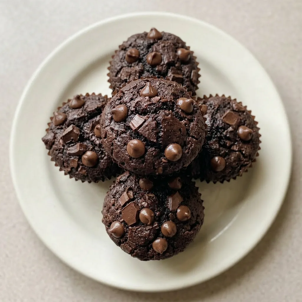 Ready to serve: a chocolate muffin with a domed top and chocolate chips, placed on a napkin.