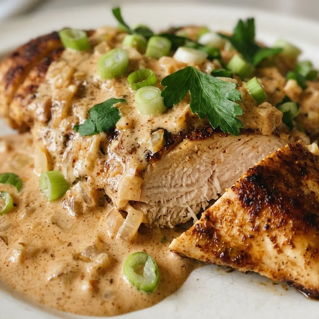 Macro detail of a chicken slice coated in thick cream sauce, sprinkled with paprika and onion.