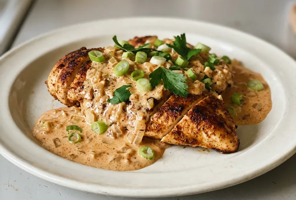 Top-down look at chicken pieces in creamy paprika sauce, with visible cumin and garlic bits.