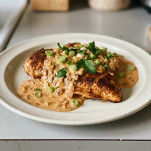 Top-down look at chicken pieces in creamy paprika sauce, with visible cumin and garlic bits.