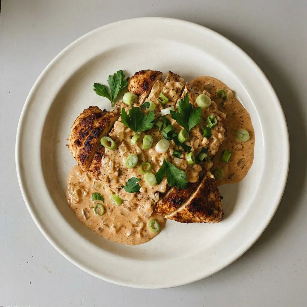 A serving of chicken in creamy sauce, garnished with paprika and cumin, from a side angle.