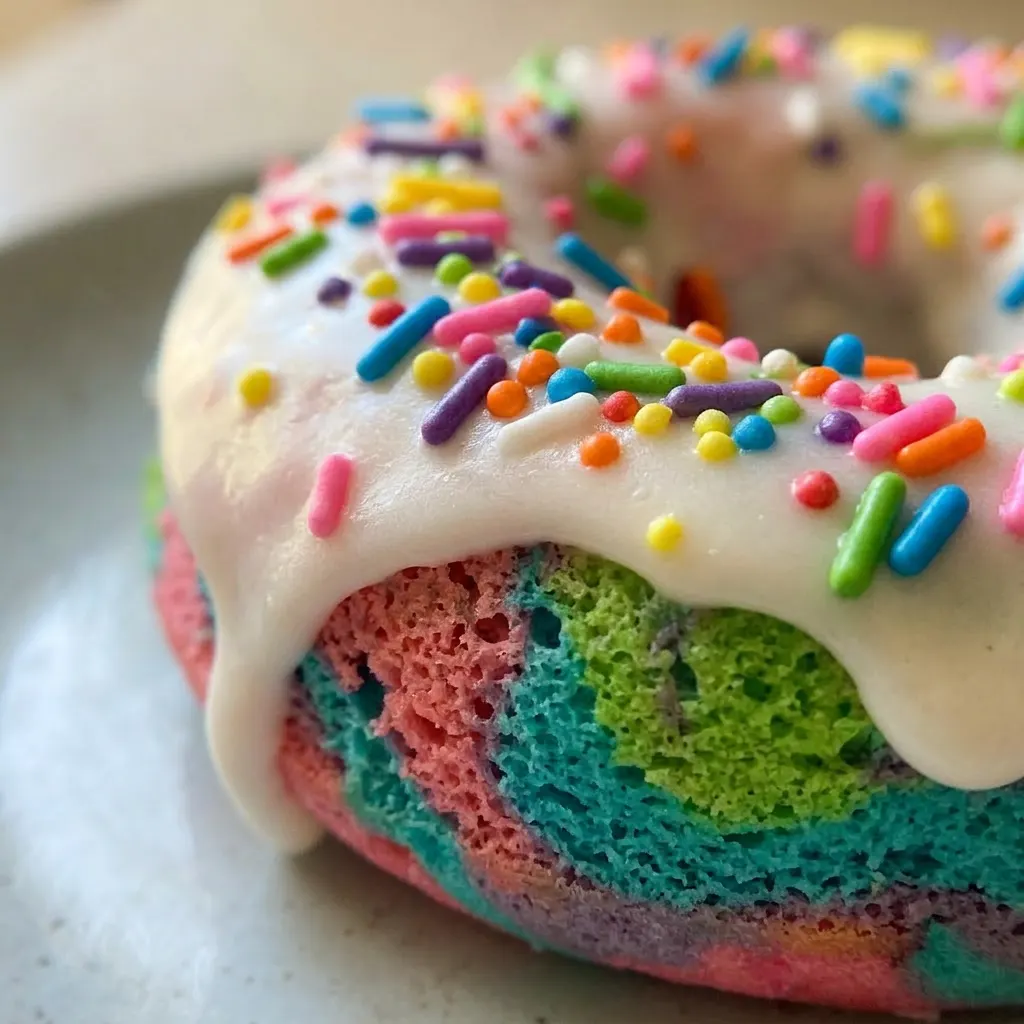 Zoomed in on a donut with glossy neon icing and multicolored sprinkles, showing buttermilk crumb texture.