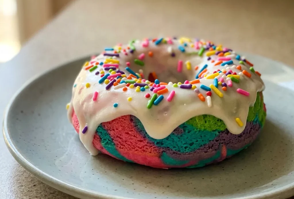 Bird's-eye view of a rainbow donut with neon pink, blue, and yellow icing, covered in unicorn sprinkles.