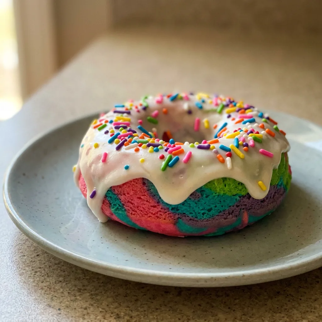 Bird's-eye view of a rainbow donut with neon pink, blue, and yellow icing, covered in unicorn sprinkles.