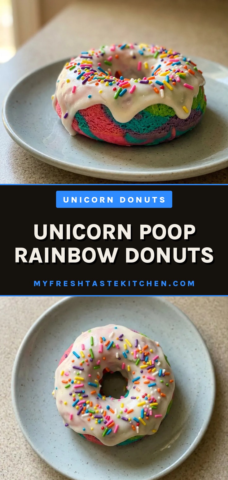Unicorn poop rainbow donuts with neon food coloring, unicorn sprinkles, and a white glaze.