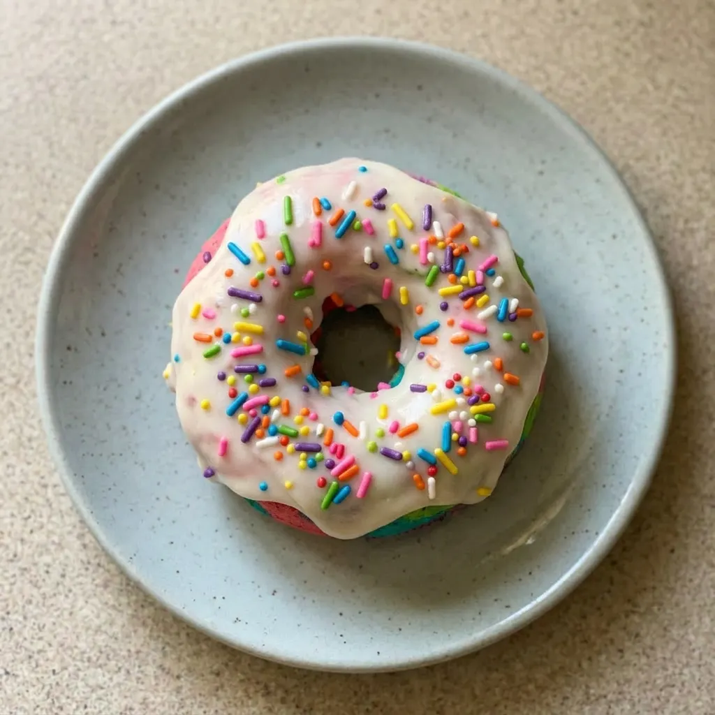 Ready to serve: a donut with bright neon icing and unicorn sprinkles, photographed from the side.