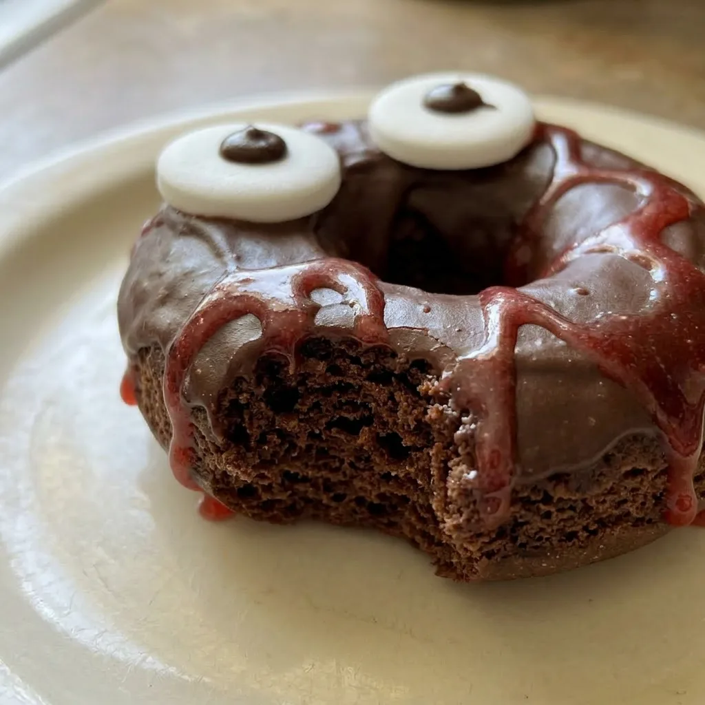 Zoomed in on a donut with glossy dark chocolate glaze, red food coloring streaks, and a dusting of cinnamon and powdered sugar.