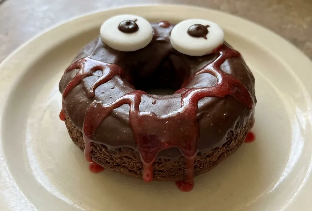 Bird's-eye view of two round donuts with dark chocolate glaze and red drizzle, topped with cinnamon and powdered sugar.