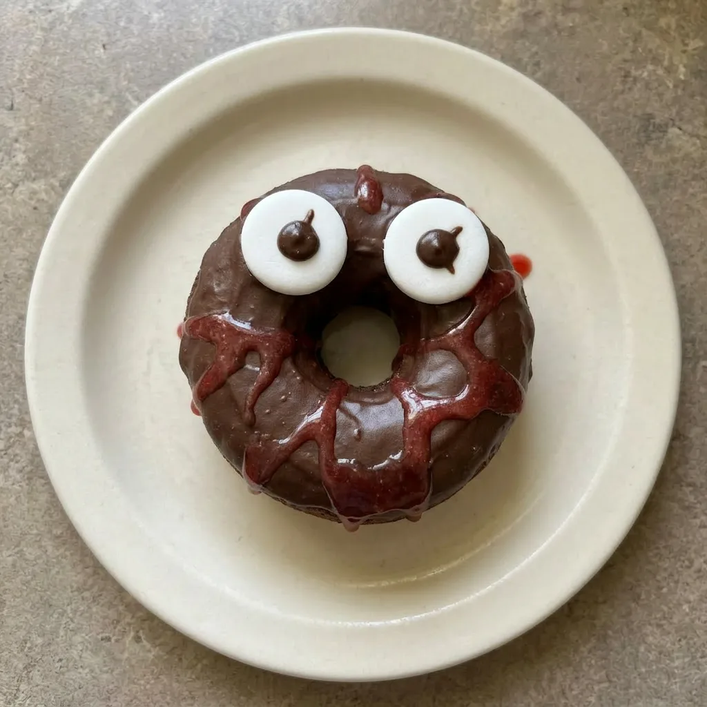 Ready to serve: a donut with dark chocolate coating and red swirls, finished with cinnamon and powdered sugar.