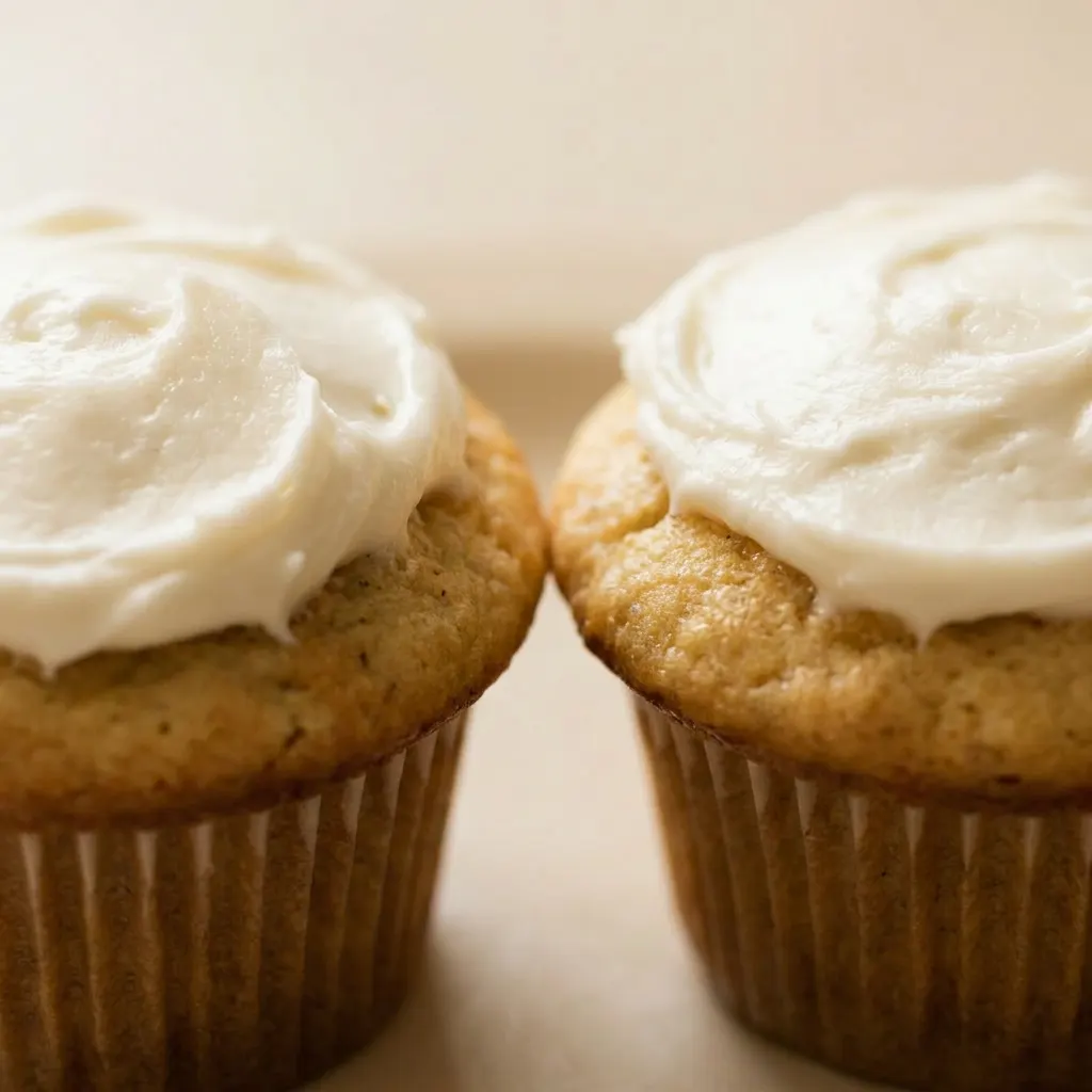 Close view of a vanilla cupcake with swirl of buttercream frosting, visible vanilla bean specks, and a cherry on top.