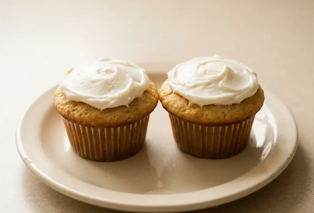 Overhead shot of three vanilla cupcakes with buttercream frosting and rainbow sprinkles on a white plate.