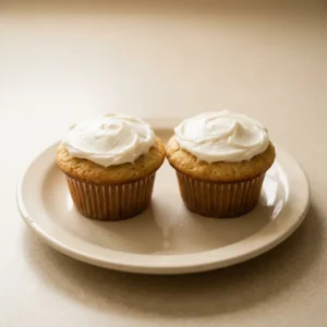 Overhead shot of three vanilla cupcakes with buttercream frosting and rainbow sprinkles on a white plate.