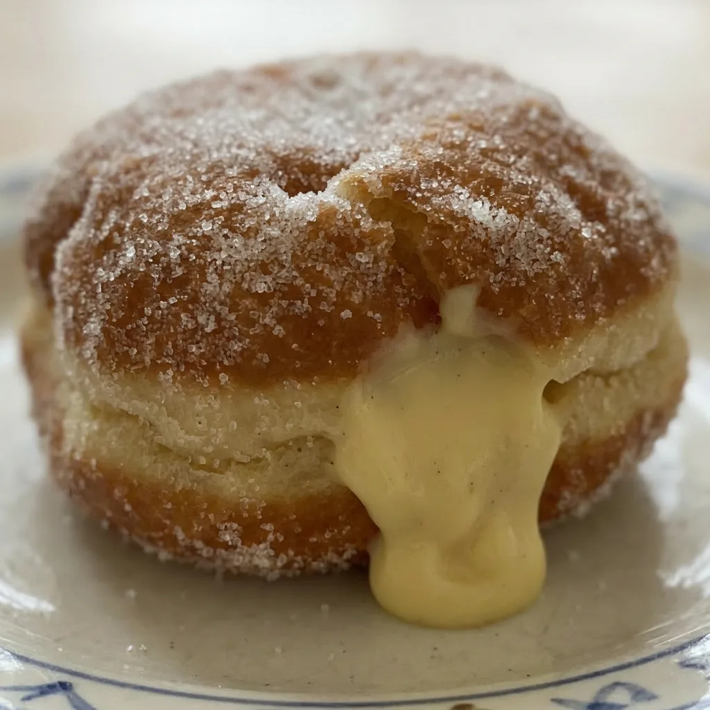 Up close, a single doughnut with a split side reveals a creamy yellow vanilla custard filling, its surface dusted with fine sugar crystals.