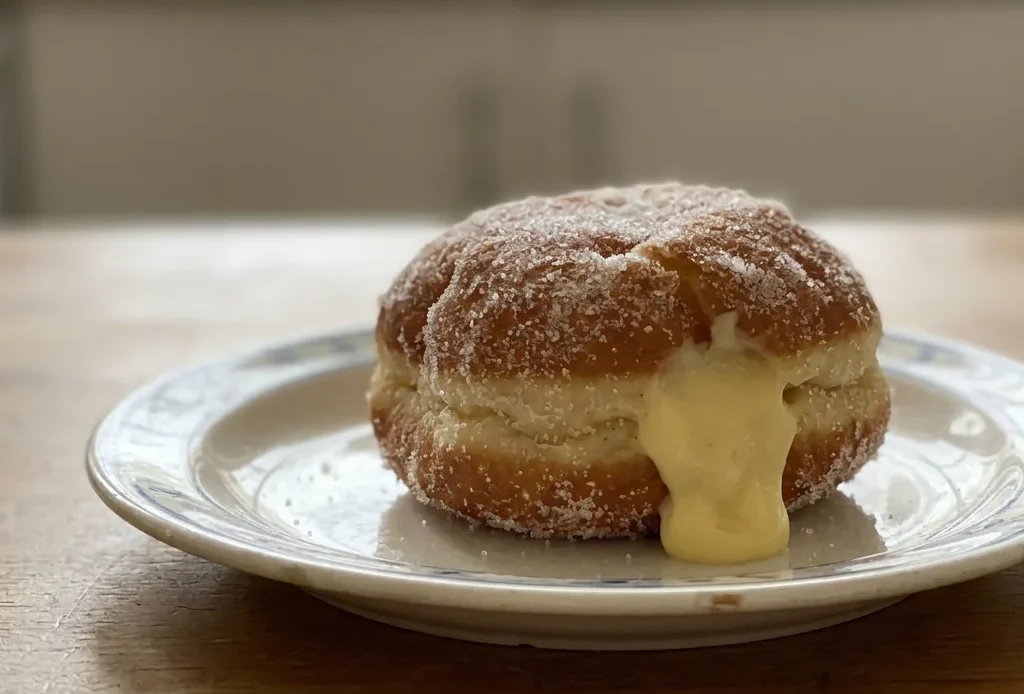 Looking down at five round doughnuts with a pale golden-brown crust, each topped with a thin layer of white sugar, arranged in a circle.