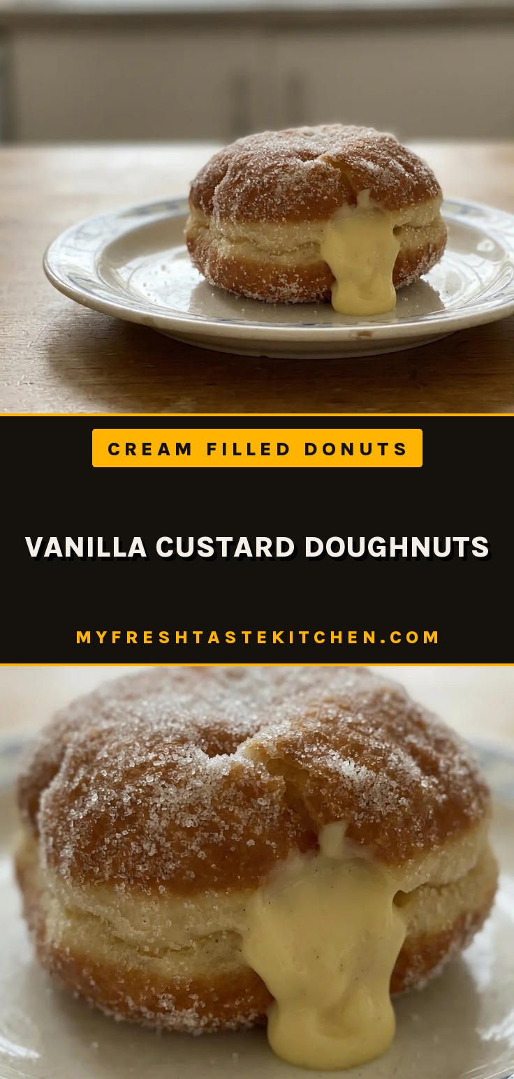 Vanilla custard doughnuts are golden fried donuts with a sugar coating and vanilla custard filling visible on a cut side.