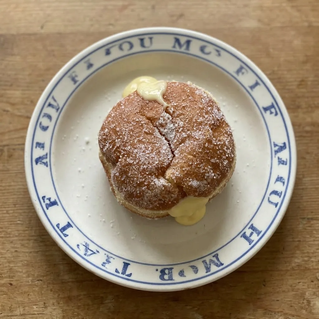 A plate of four doughnuts, their tops lightly coated in sugar, with one cut open to show the smooth vanilla custard inside.